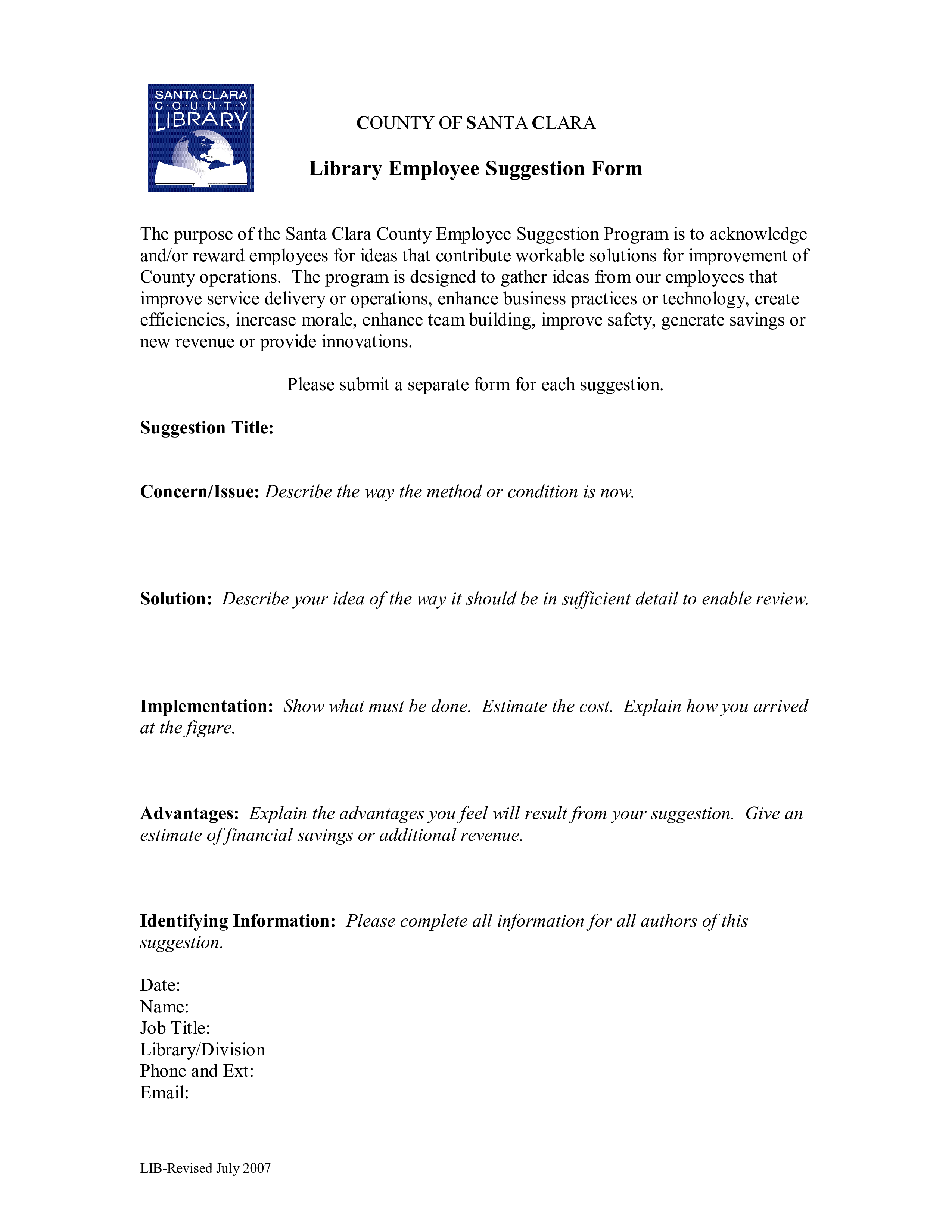 Library Employee Suggestion Form main image