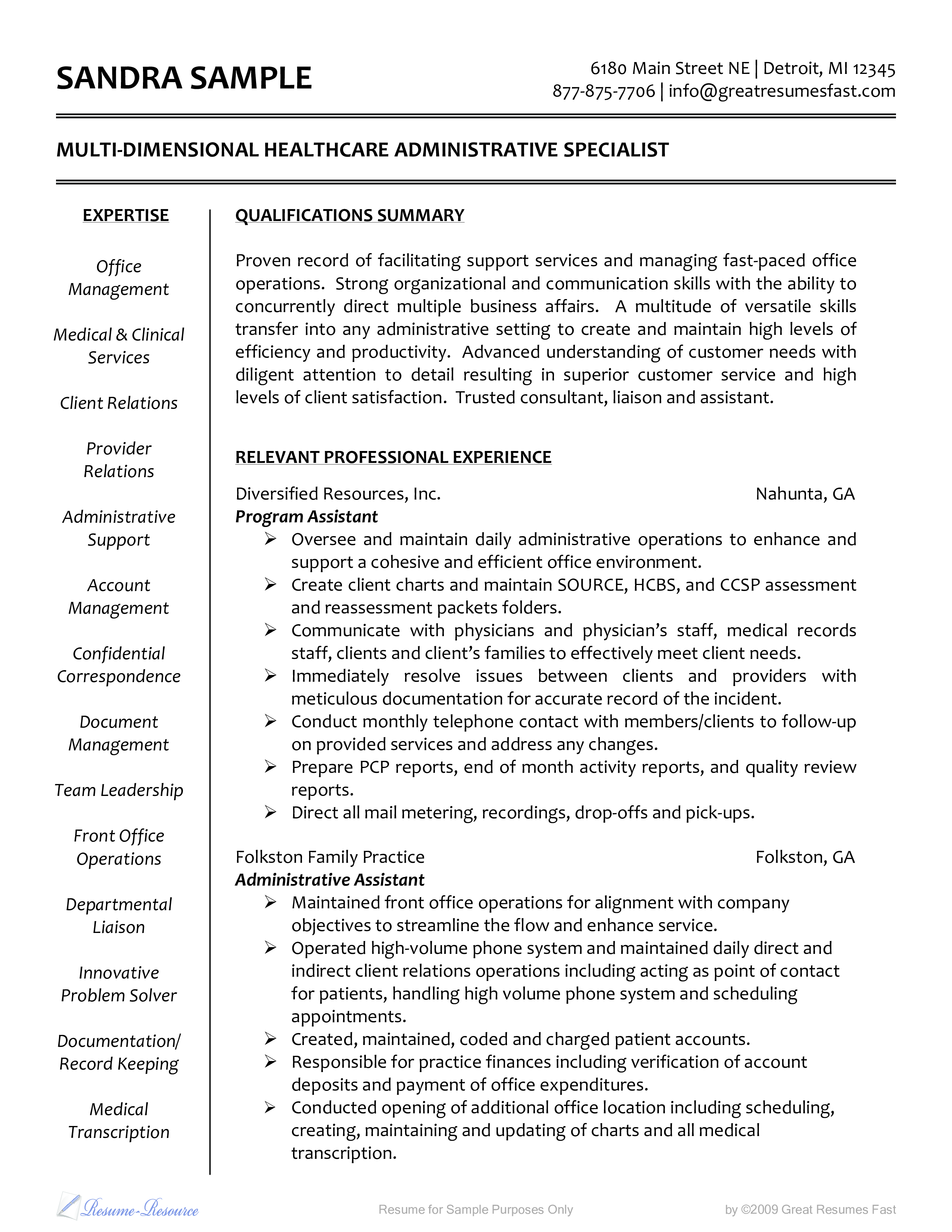 Administrative Resume Sample