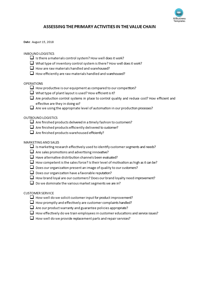 assessing the primary activities in the value chain template