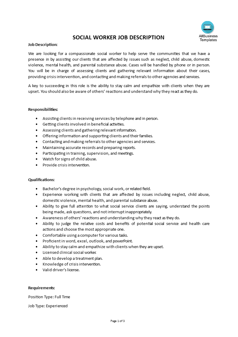 Social Work Job Description Gratis