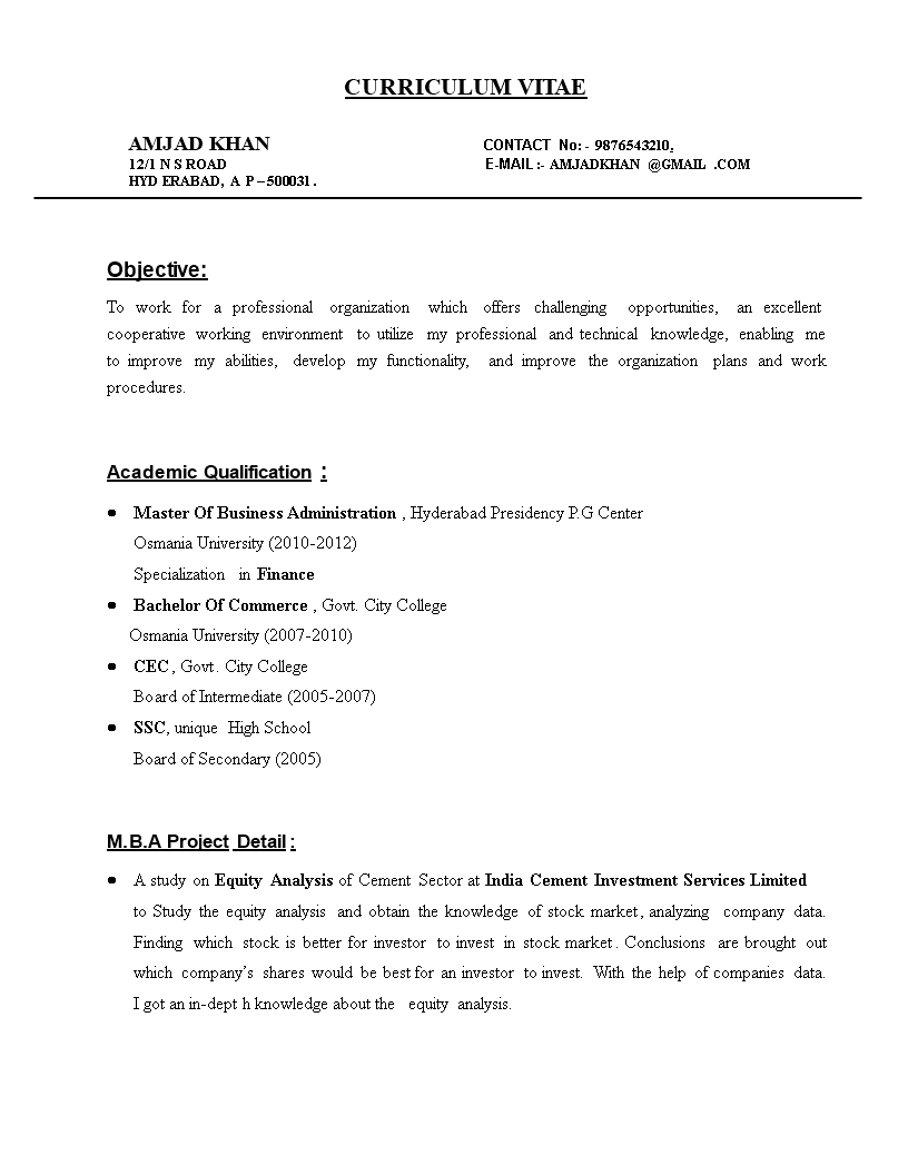 resume sample for mba finance freshers