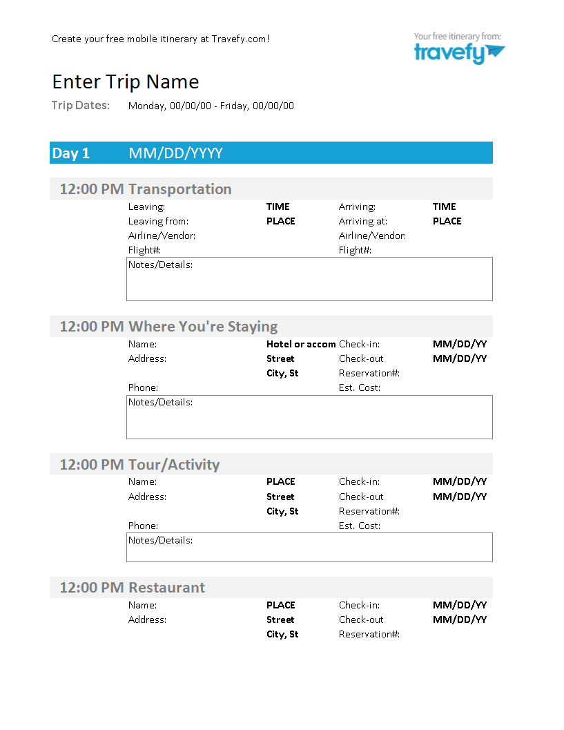 Travel Itinerary Template Examples