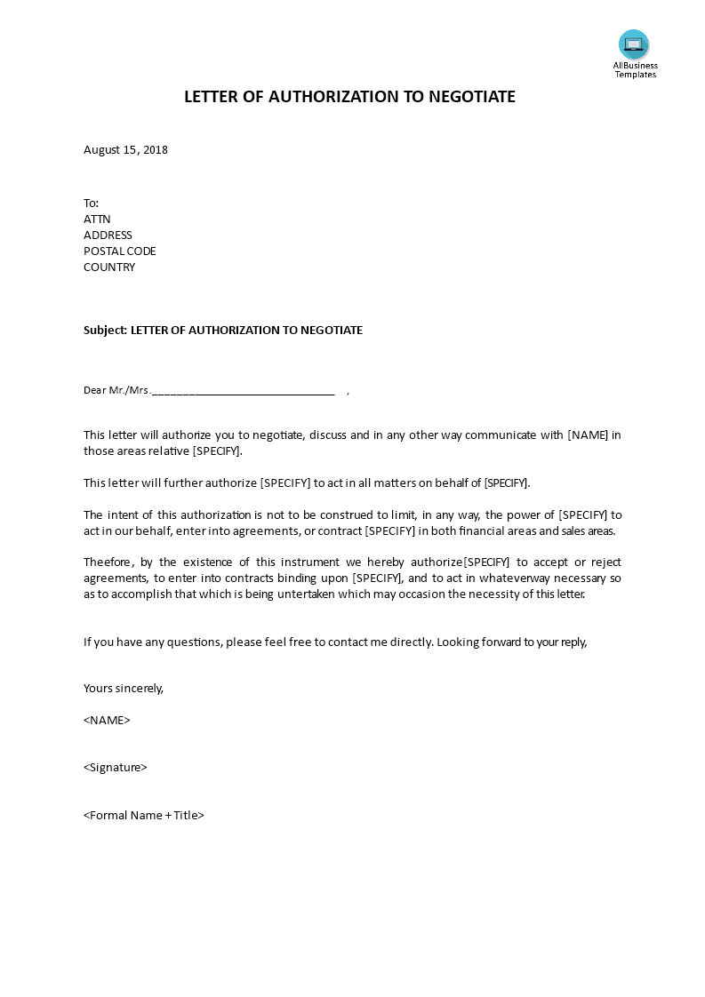 litigation_letter of authorization to negotiate voorbeeld afbeelding 