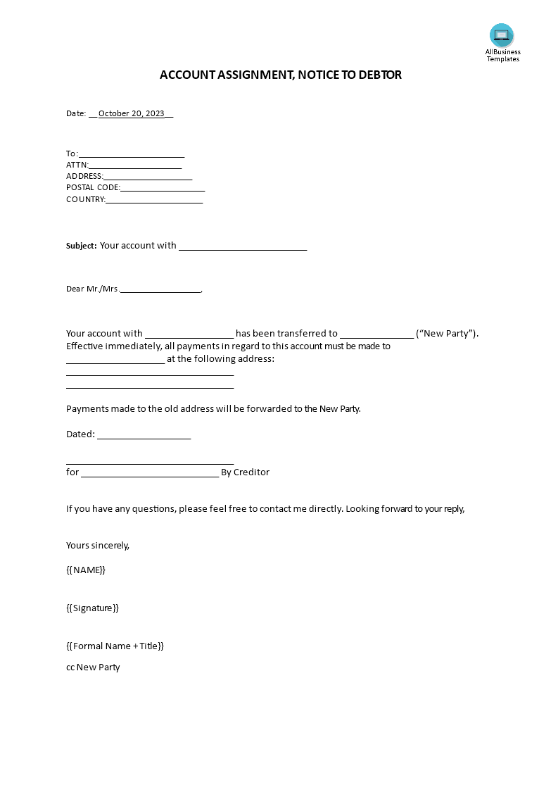 notice to debtor account assignment template