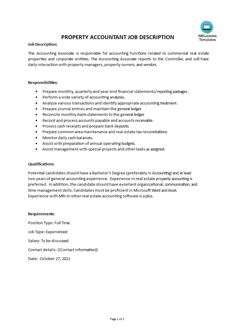 Libreng Property Accountant Job Description