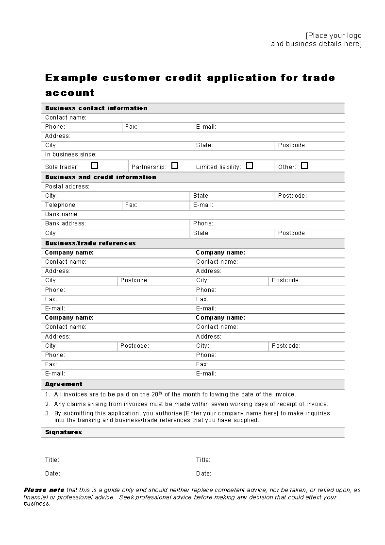 blank business credit application template voorbeeld afbeelding 