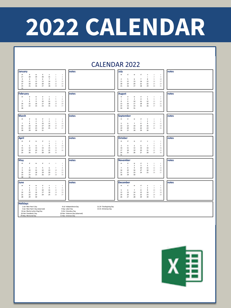 免费2022 Calendar In Excel | 样本文件在Allbusinesstemplates.com