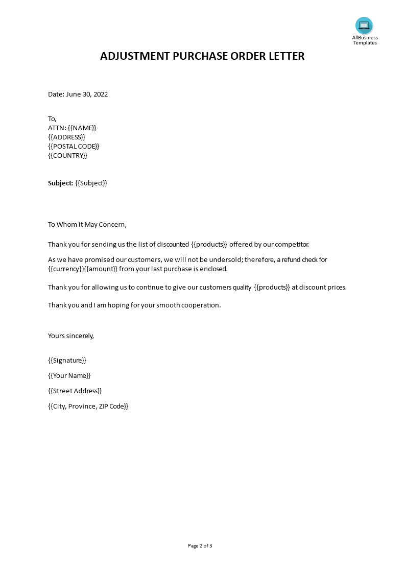 adjustment letter example template