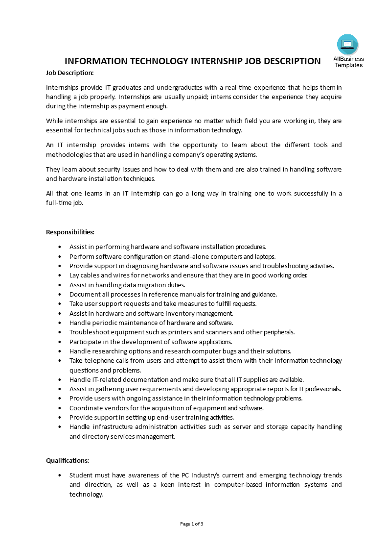 Gratis Information Technology Internship Job Description