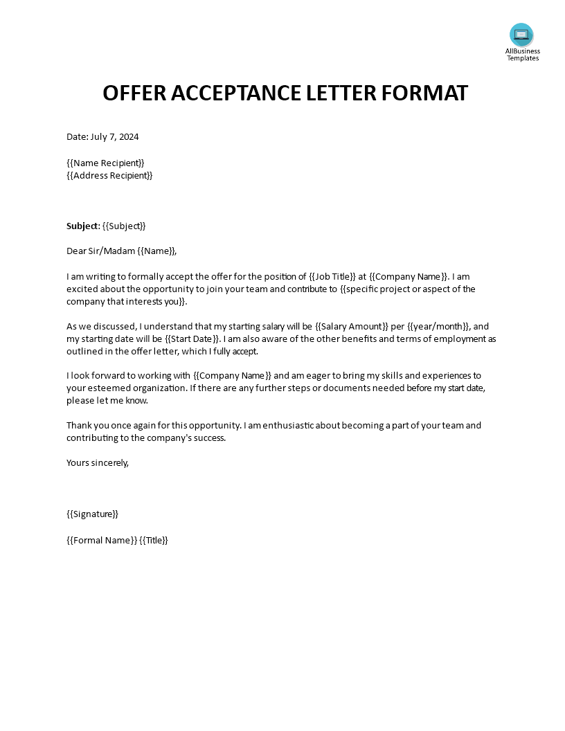 offer acceptance letter format modèles