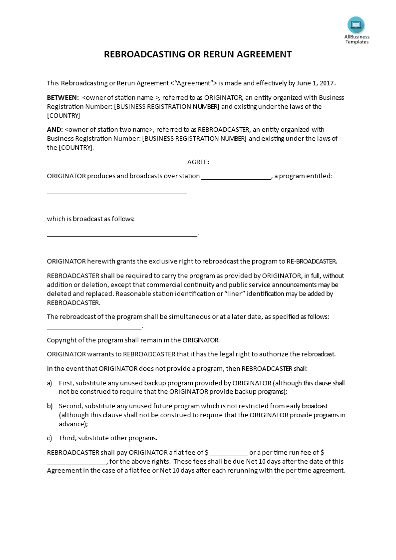 rebroadcasting or rerun agreement template