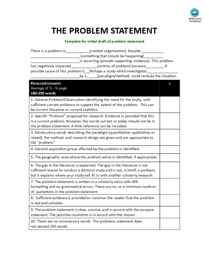 example of statement of problem in a research proposal