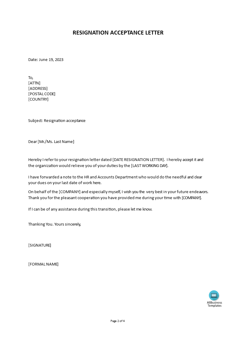 Resignation Acceptance Letter Email Gratis