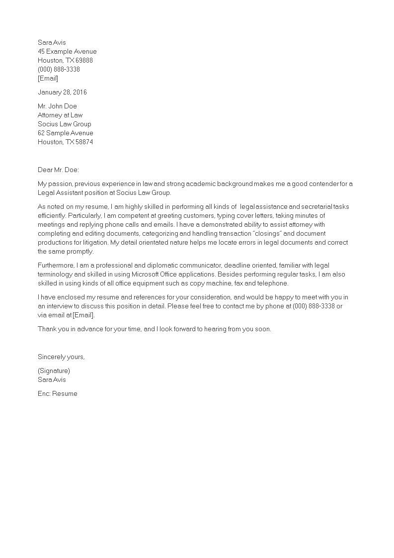 legal assistant professional cover letter