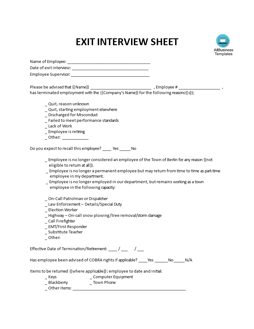 exit interview sheet modèles
