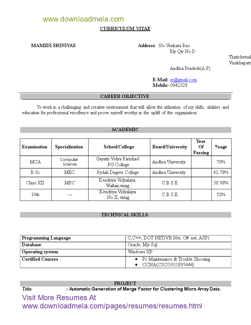 Java MCA Fresher Resume Templates At Allbusinesstemplates