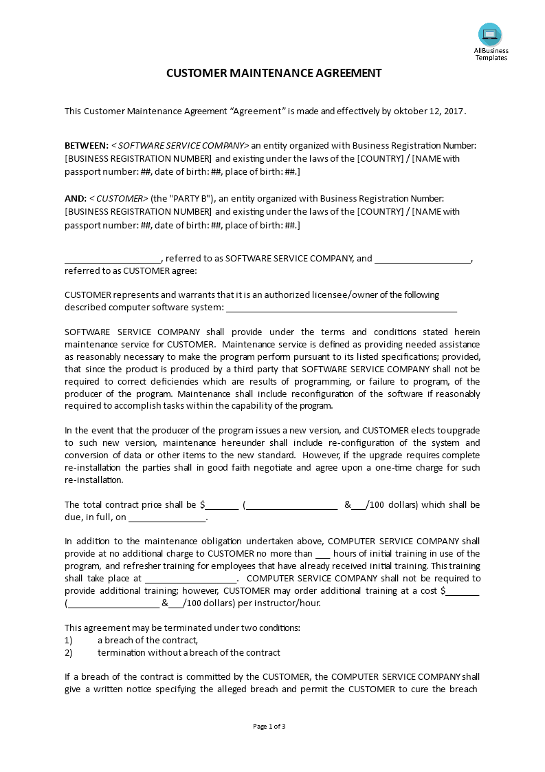 customer maintenance agreement template