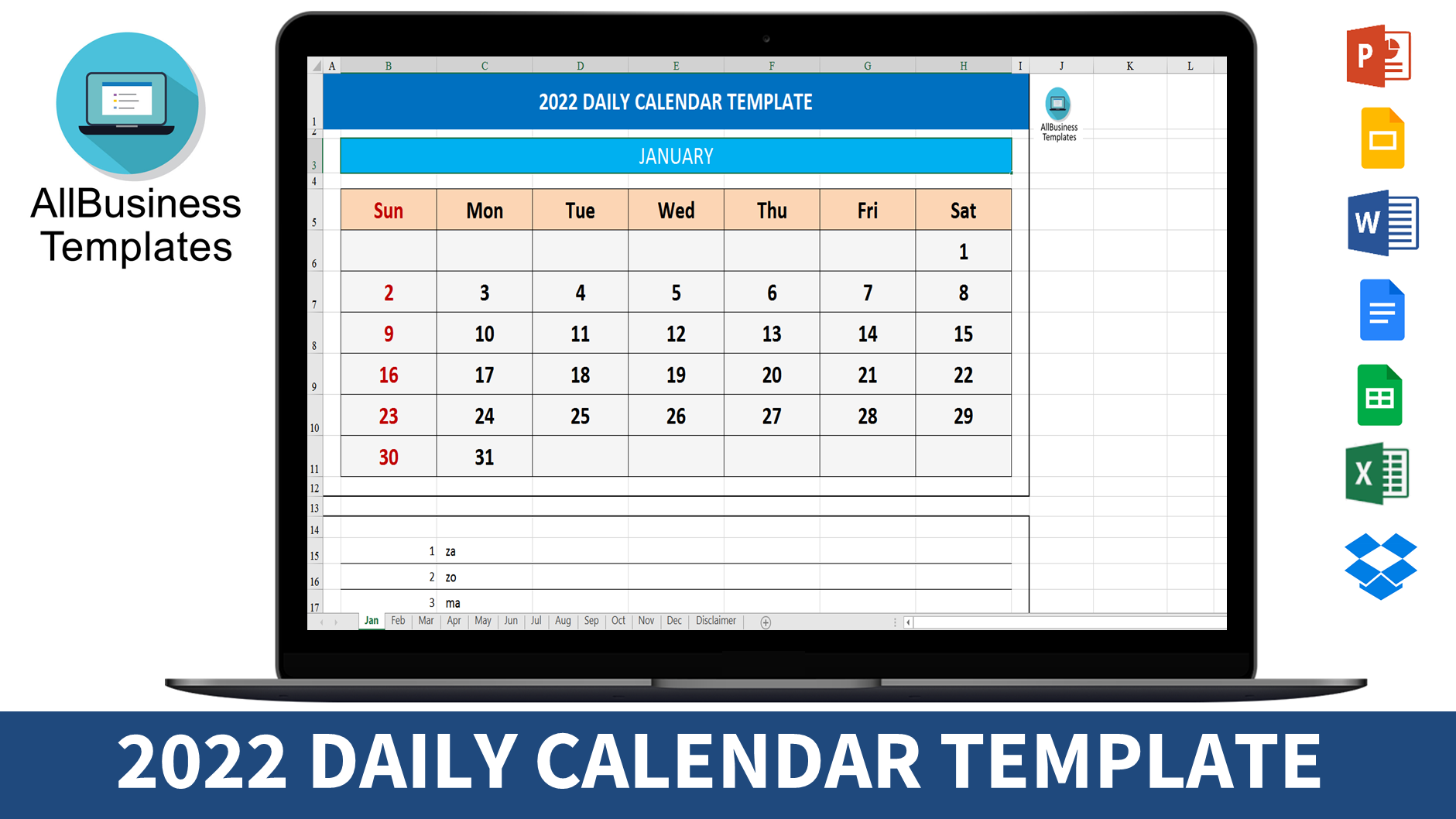2022 daily calendar template modèles