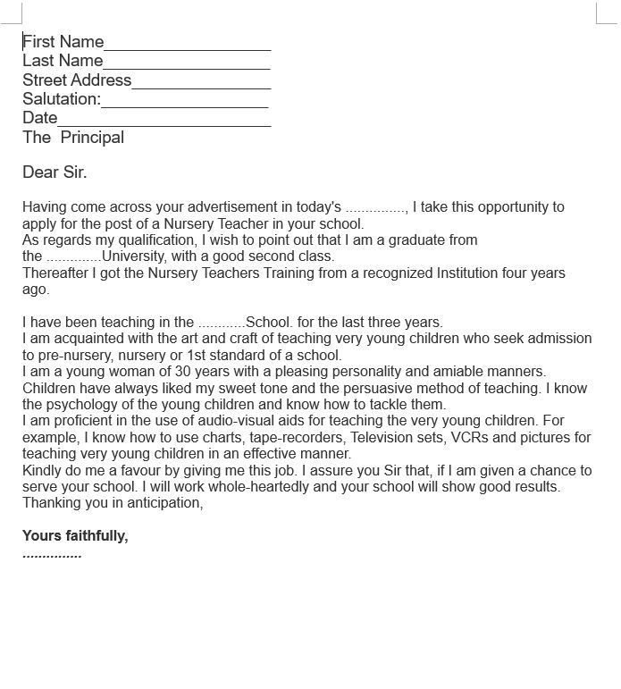 Job Application Letter For Nursery Teacher | Templates at