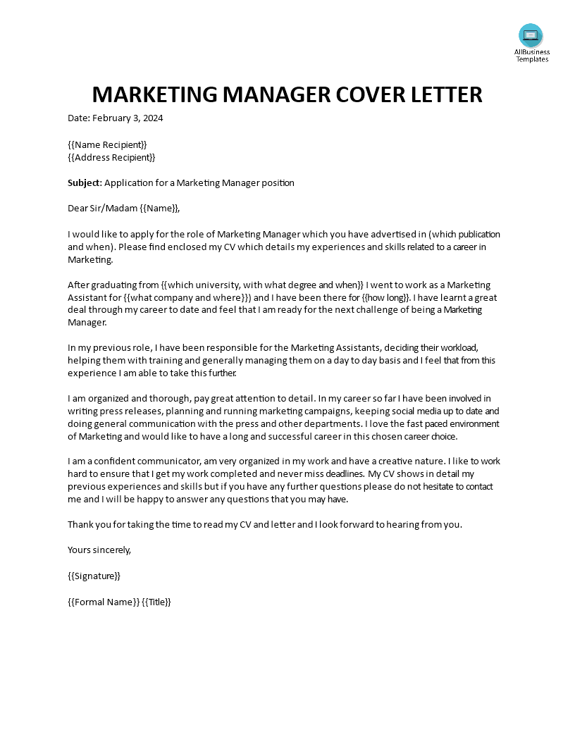 great cover letter examples marketing manager