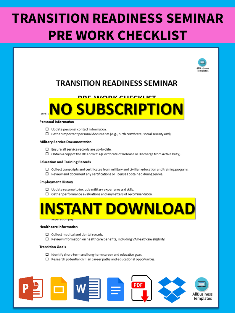 transition readiness seminar pre work checklist template