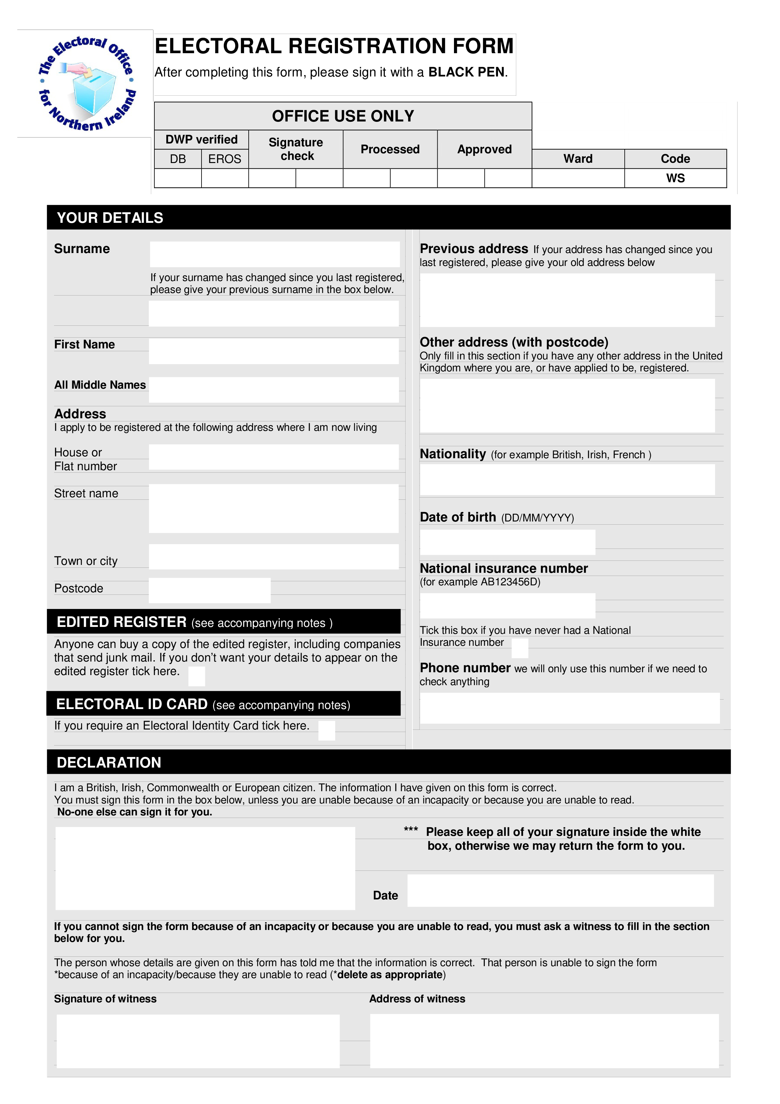 Electoral Registration Form Printable 模板