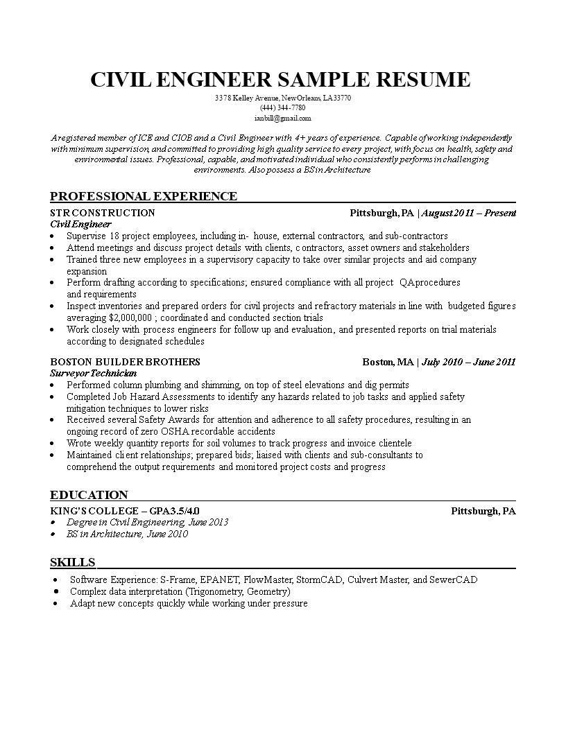 Civil Engineering Student Resume Template Templates At 