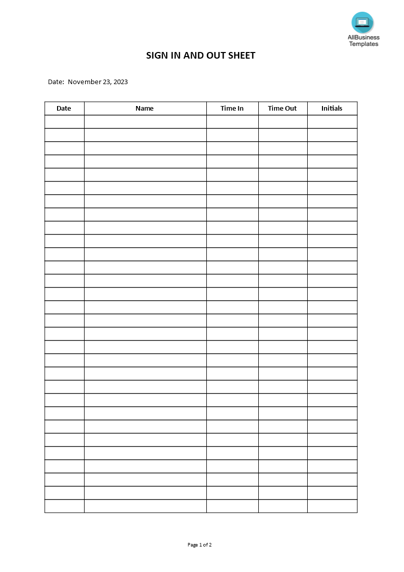 Gratis Sign In and Out Sheet