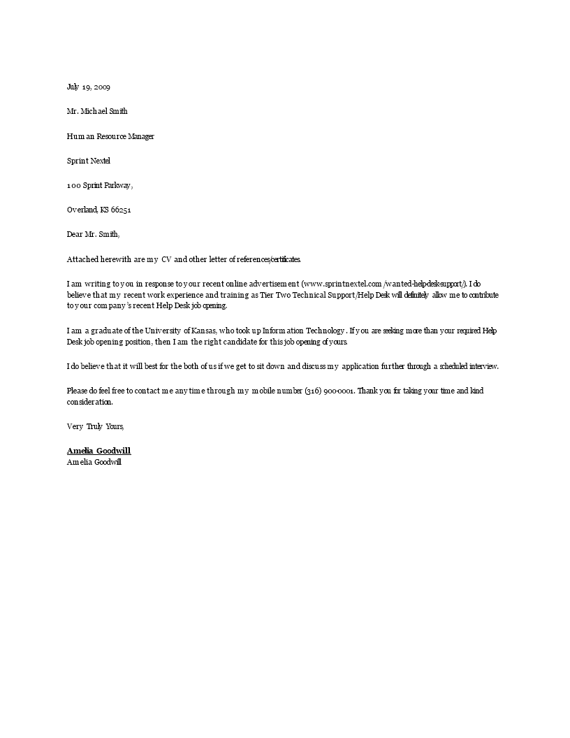 sample cover letter for help desk supervisor