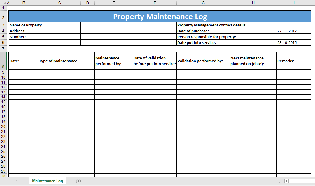 Property Maintenance Log Template Templates At Allbusinesstemplates