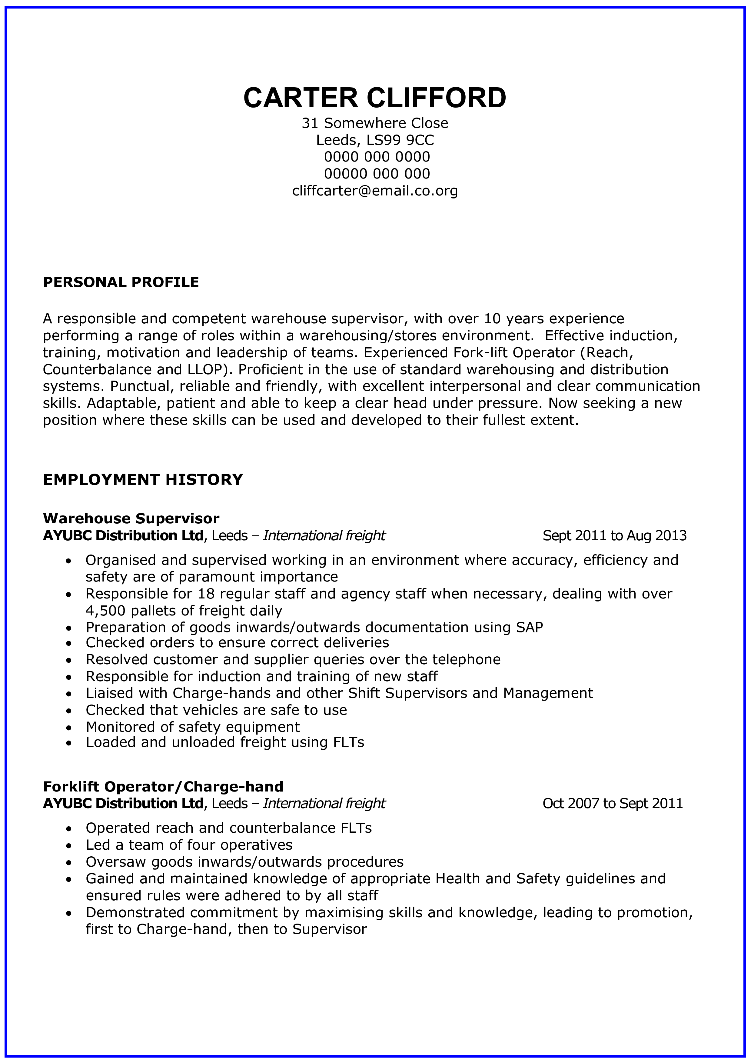 Resume Template For Warehouse Worker