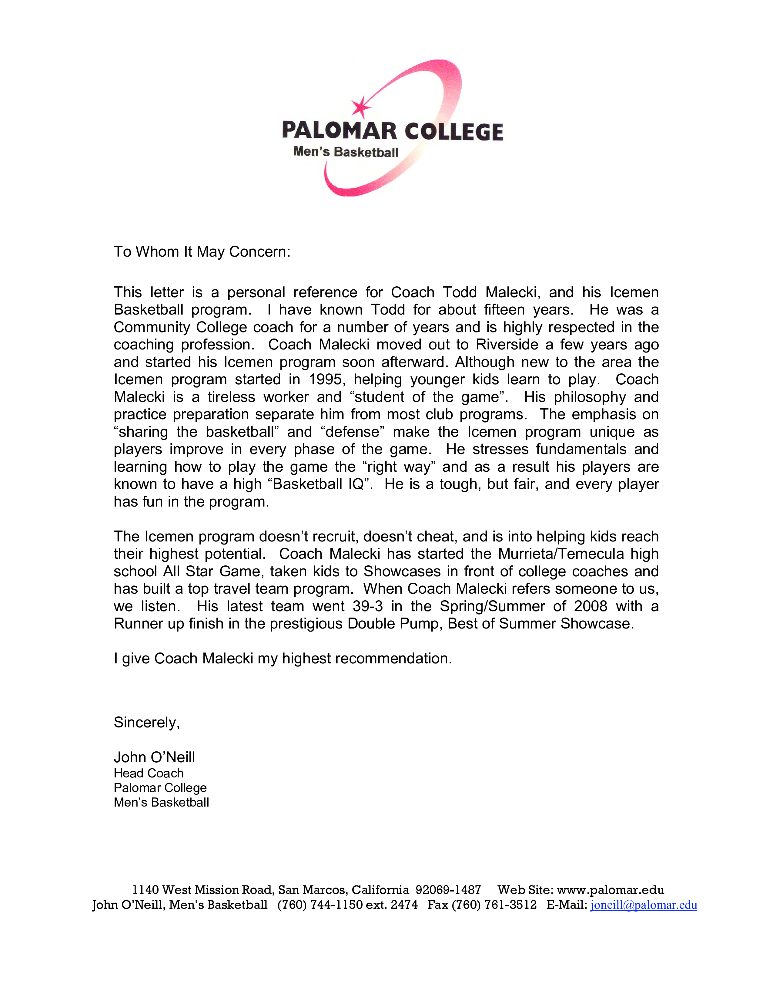 Letter Of Recommendation For A Coaching Job Templates At 