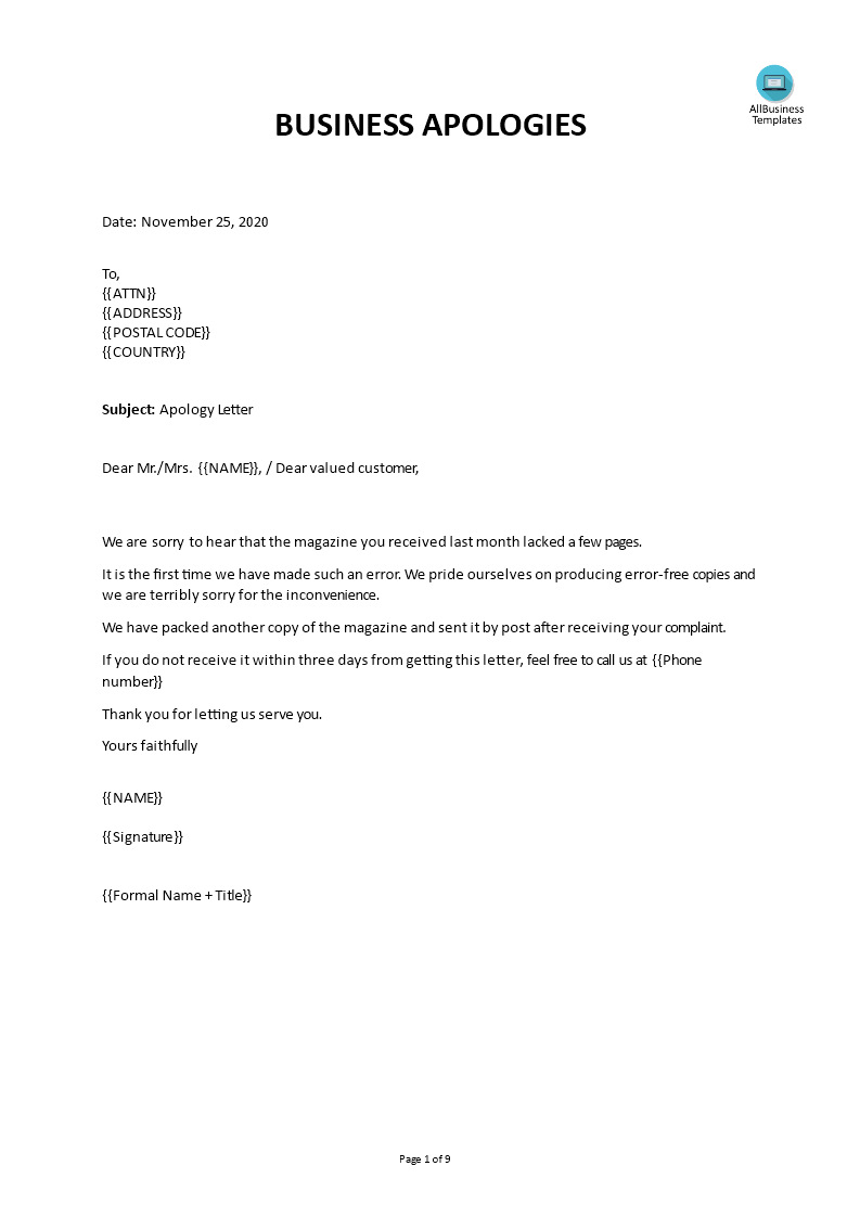 Business Apology Letter Mistake Templates At Allbusinesstemplates