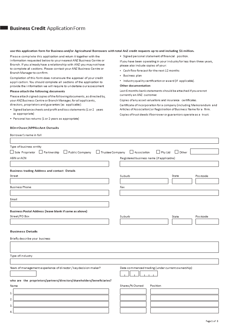 business credit application template voorbeeld afbeelding 