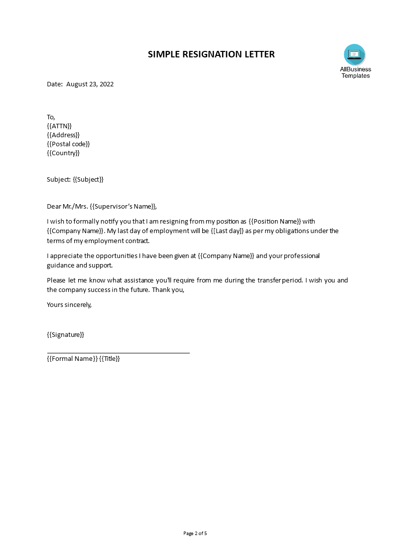 2 Weeks Resignation Letter Simple | Templates at allbusinesstemplates.com