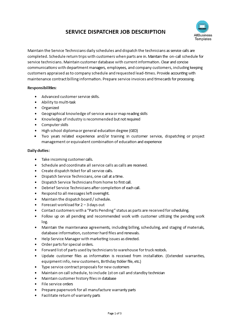 Service Dispatcher Job Description Templates At Allbusinesstemplates