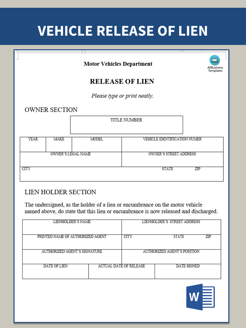 Printable Vehicle Release Form Auto Lien Release Request Letter