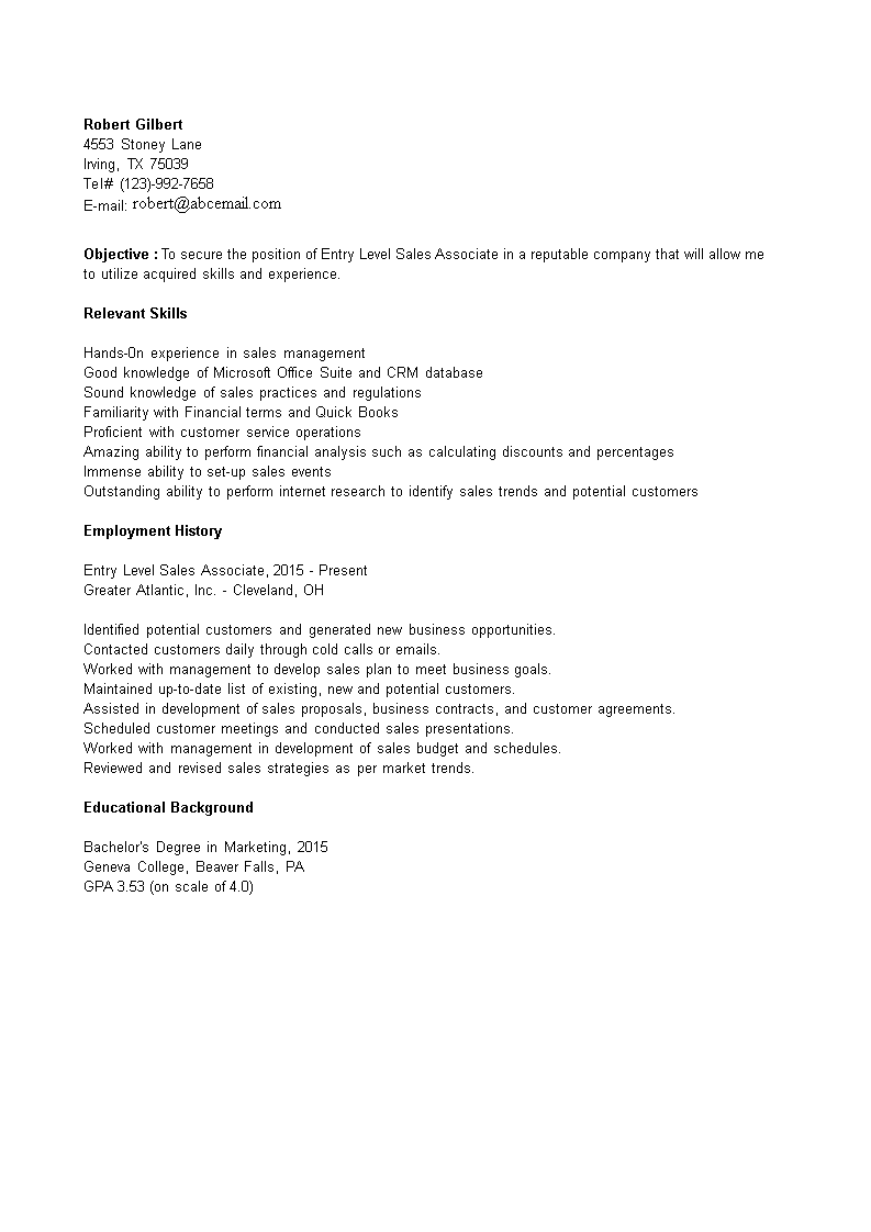 Kostenloses Entry Level Sales Associate Resume Sample