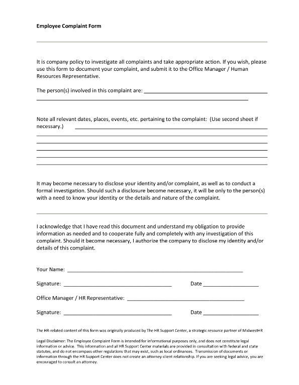 Sample Employee Complaint Form main image