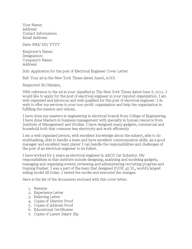 Télécharger Gratuit Electrical Engineering Cover Letter