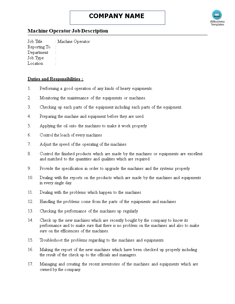 machine operator job description template