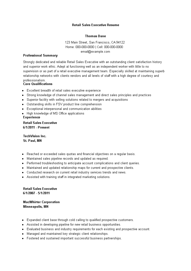 resume format for sales executive in retail