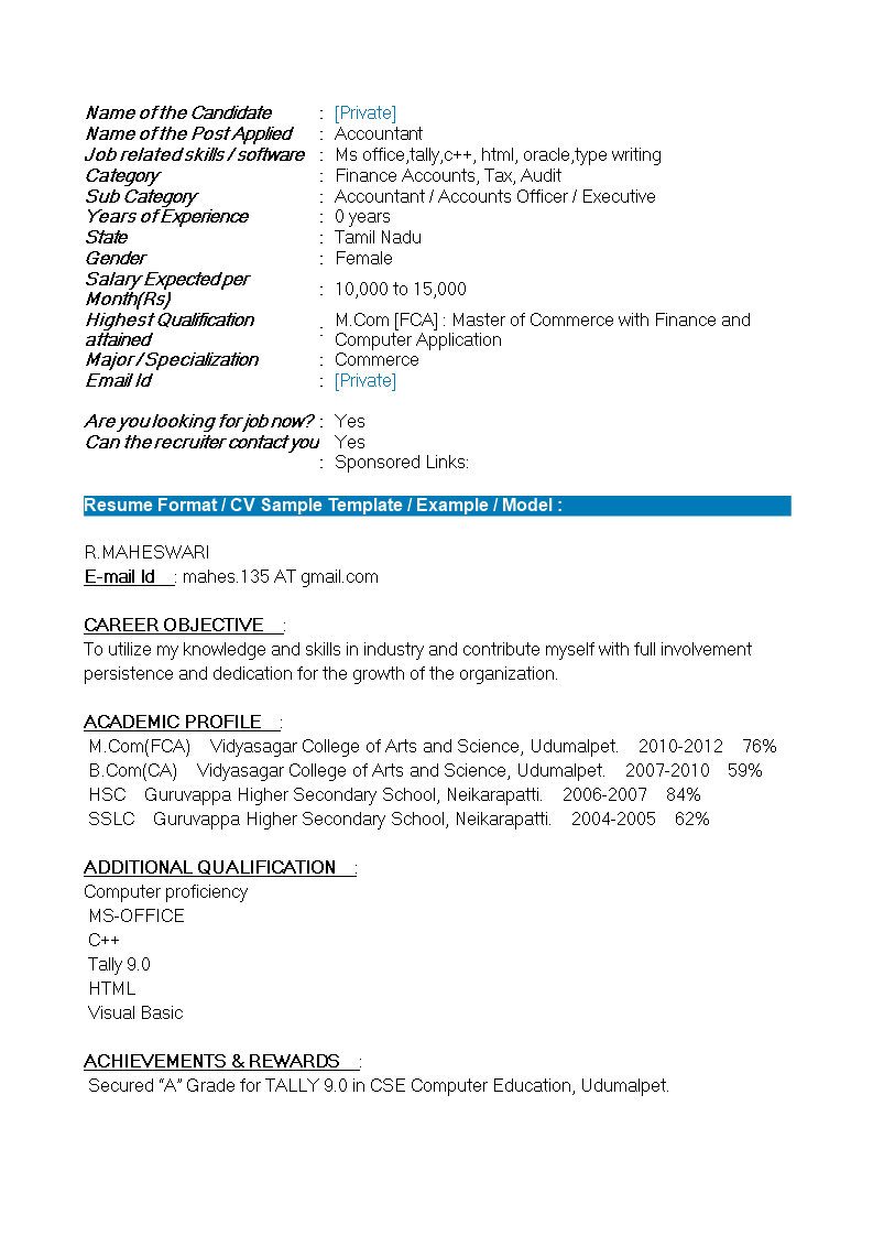  Fresher Accountant Resume Format Templates At Allbusinesstemplates