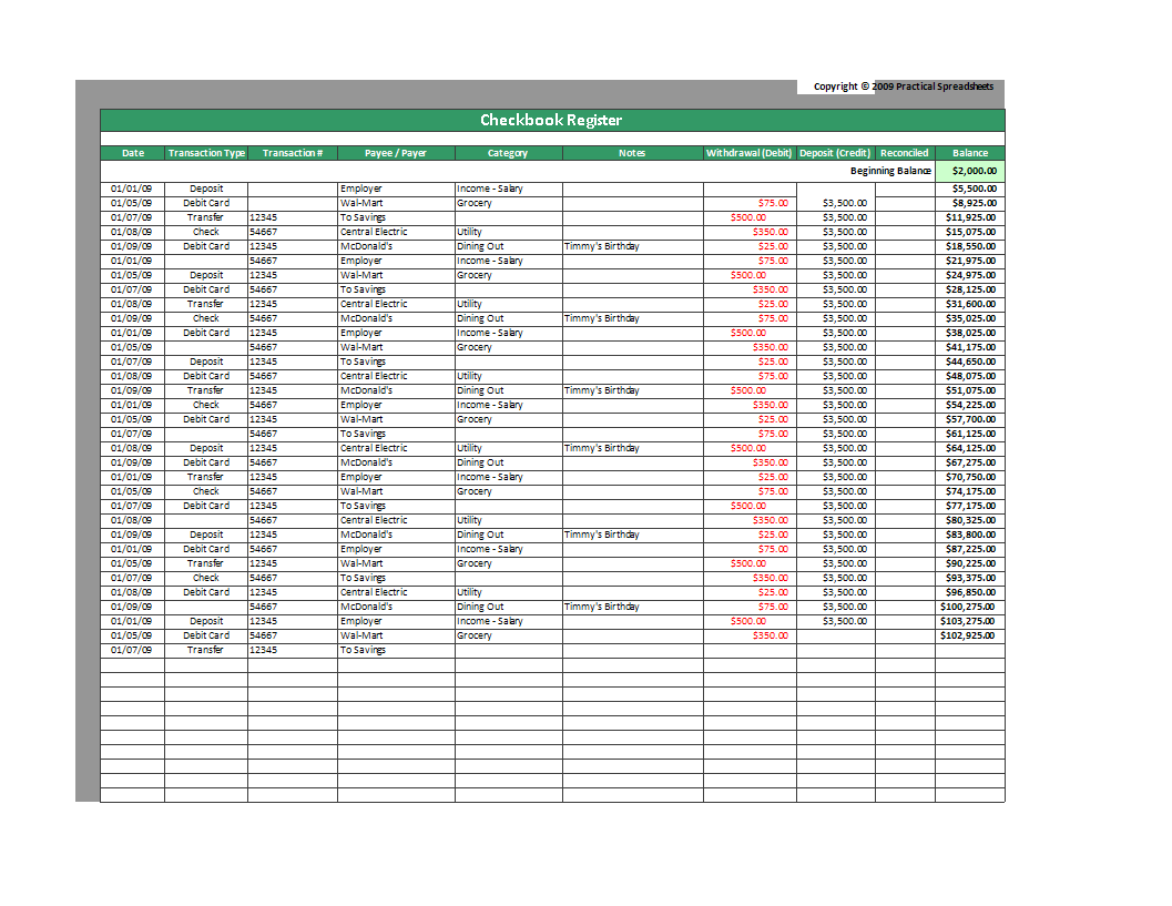 checkbook register sheet template