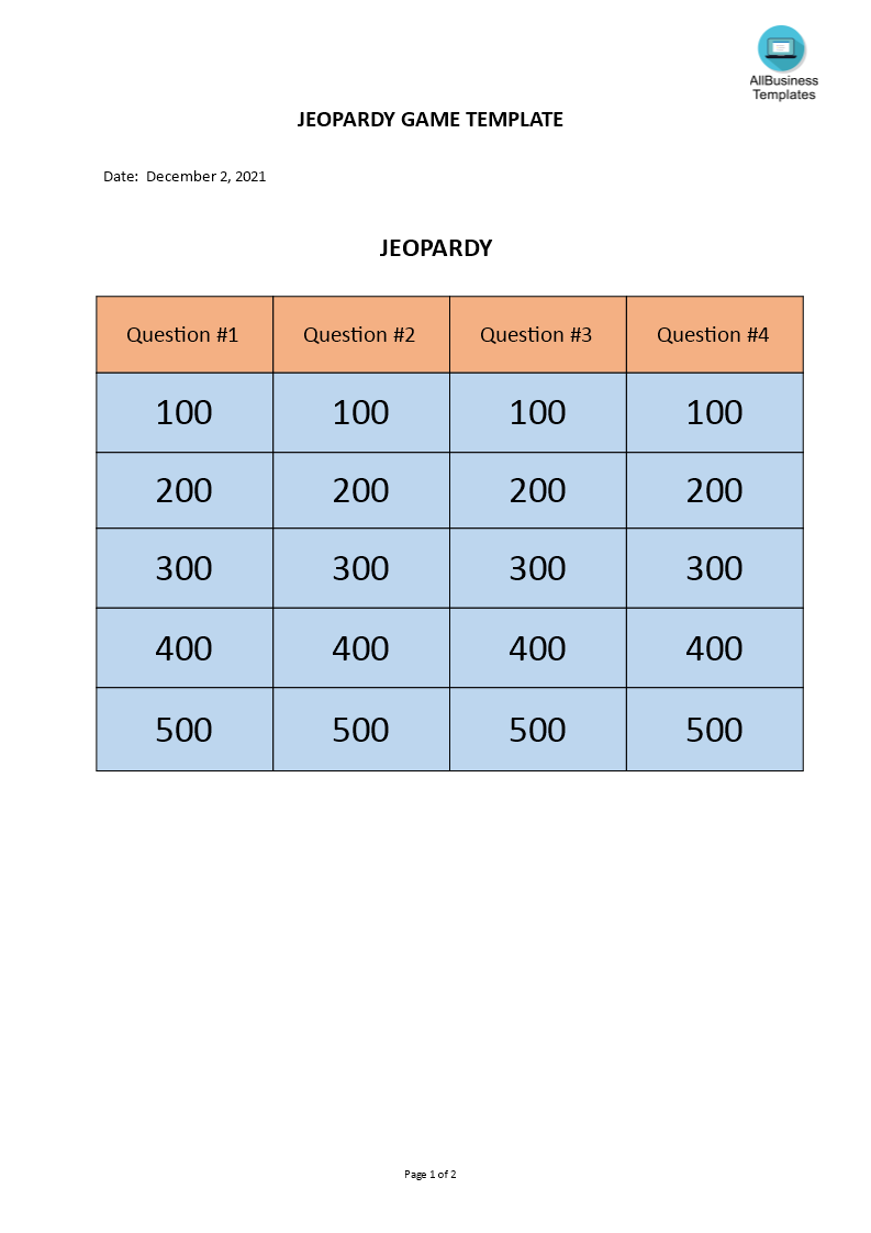 Jeopardy Game Template 模板