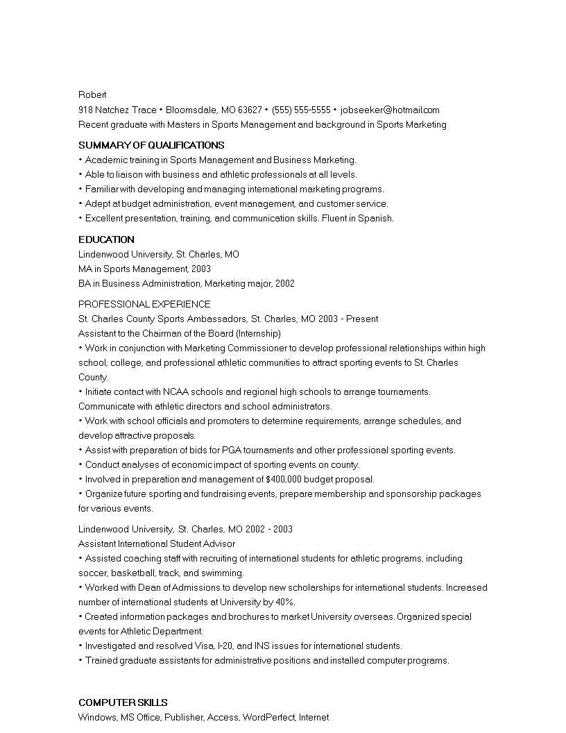 resume objective examples sports management