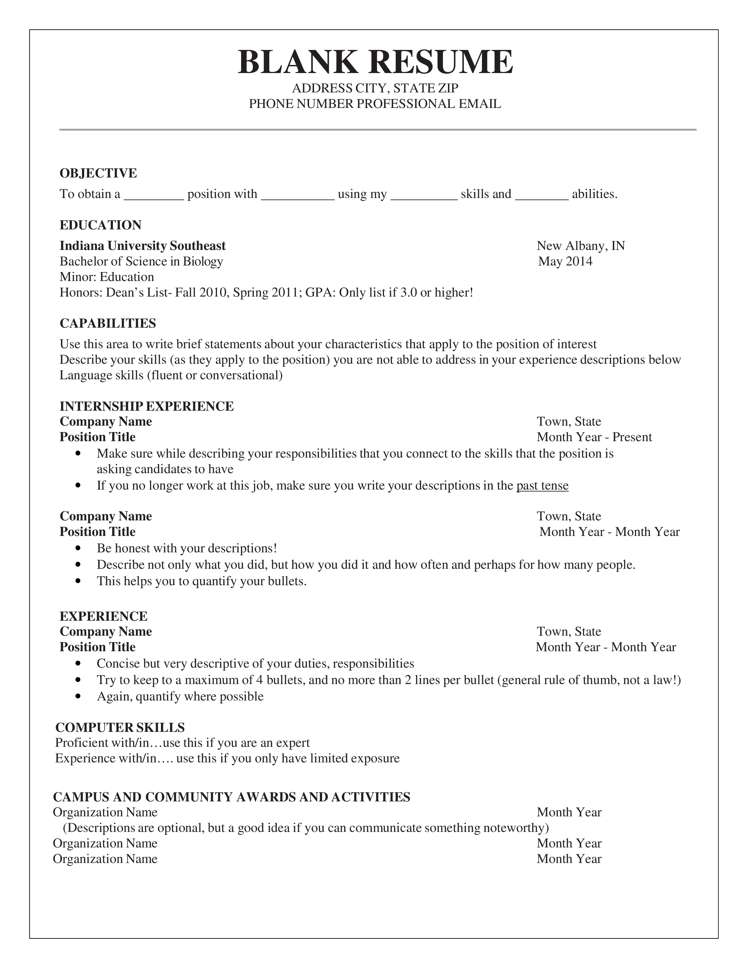 Free Printable Template For A Resume