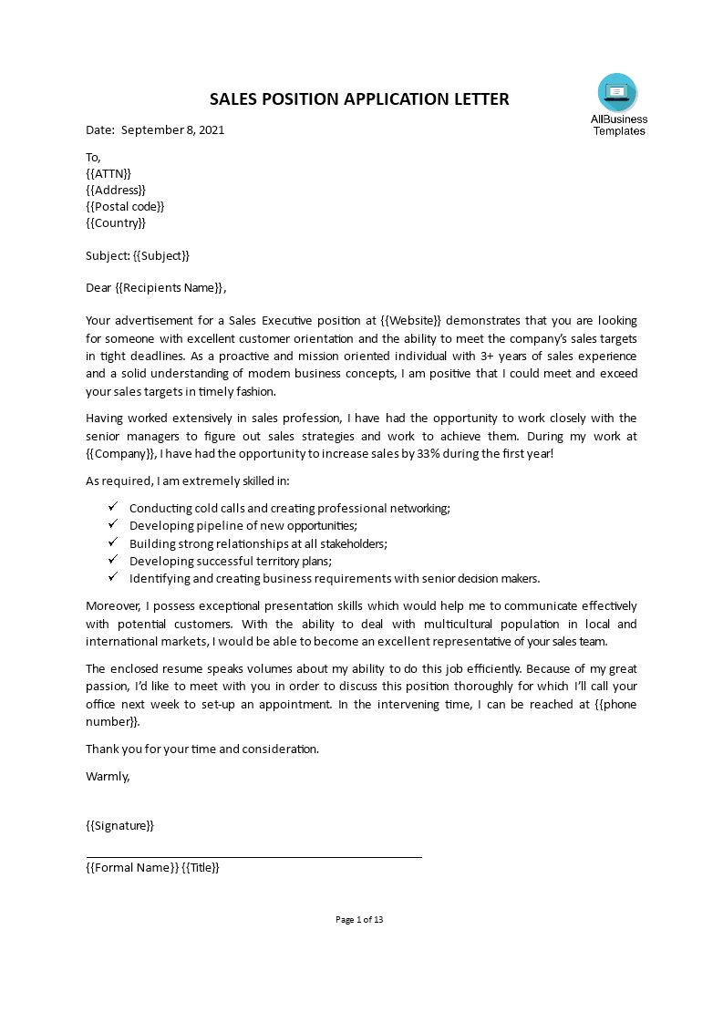 application letter for employment as sales personnel