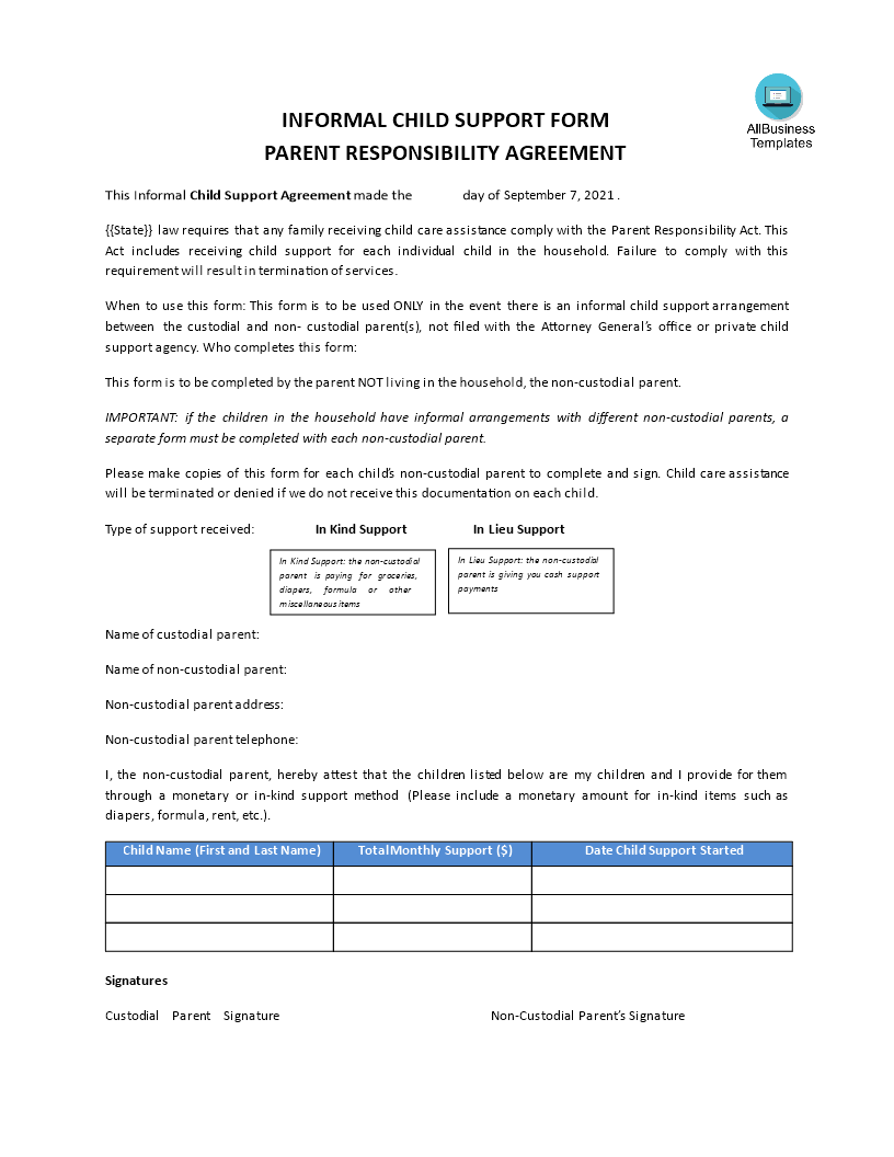informal child support agreement template