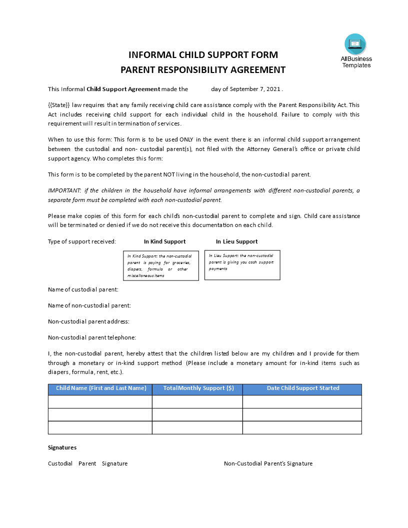 Informal Child Support Agreement Mod le Professionnel